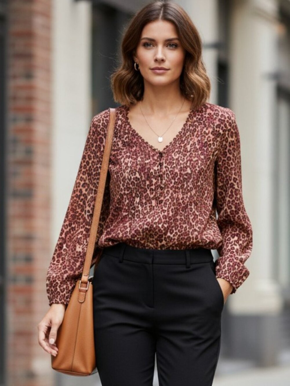 danielrainn Leopard Print Pintuck Blouse Boho Chic V-Neck Sz PS